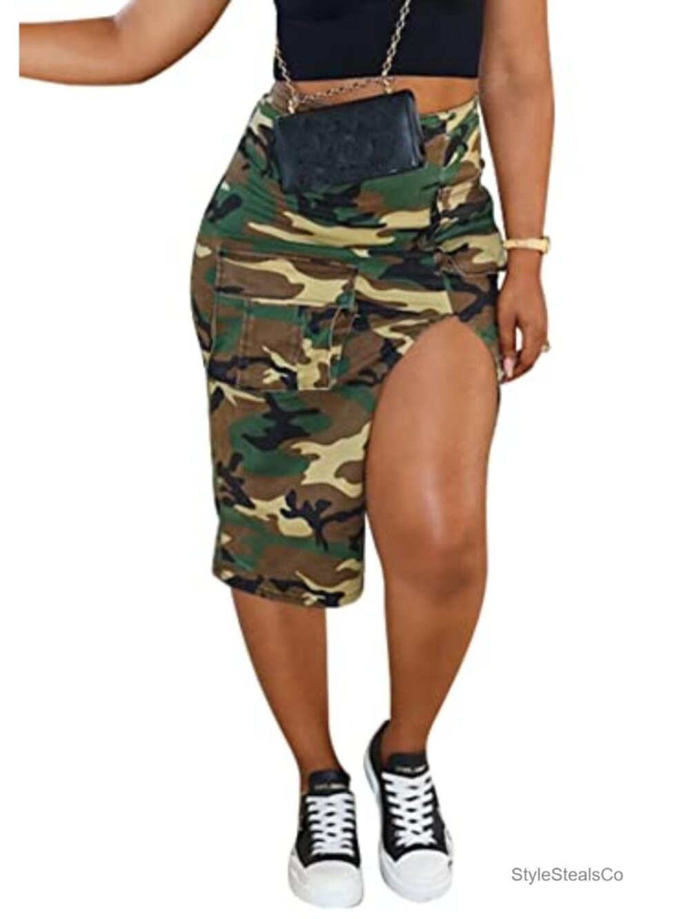 High Waist Camo Cargo Skirt Long Slit Bodycon with Pockets Plus Size